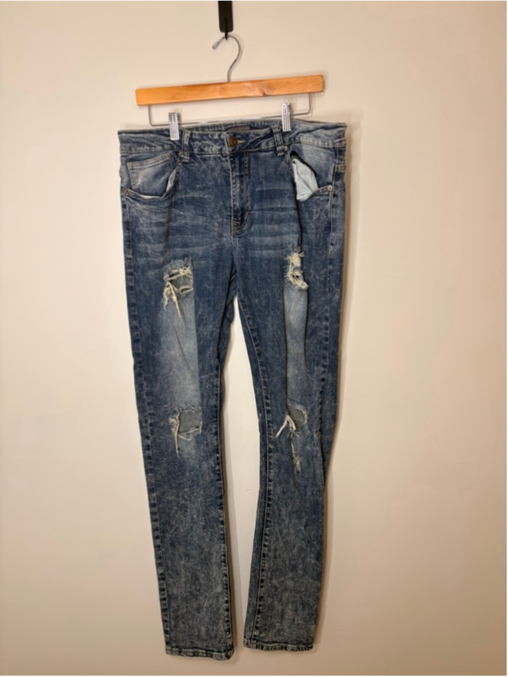 BLACK Jeans Mens 36x34 Skinny Distressed Ripped Stretch Blue Wash